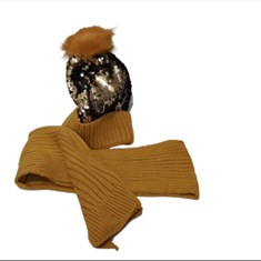 شال-و-کلاه-بافت-دخترانه-و-زنانه-مدل-پولکی-رنگ-طلایی-کد-804